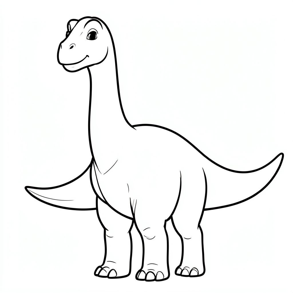 Một con khủng long Yunmenglong thân thiện, lấy cảm hứng từ lịch sử trong nghệ thuật đường nét đơn giản cho một cuốn sách tô màu dành cho trẻ em. Cho thấy một con khủng long chân thằn lằn lớn, cổ dài cổ với khuôn mặt hiền lành, cổ và đuôi dài, chân dày giống như cột trụ đặc trưng của khủng long chân thằn lằn ăn cỏ. Biểu cảm thân thiện, không đáng sợ, đứng hoặc đi trong tư thế bình tĩnh. Chỉ nghệ thuật đường nét, không tô màu, không có nền, đường viền đậm rõ ràng phù hợp để trẻ em dễ dàng tô màu