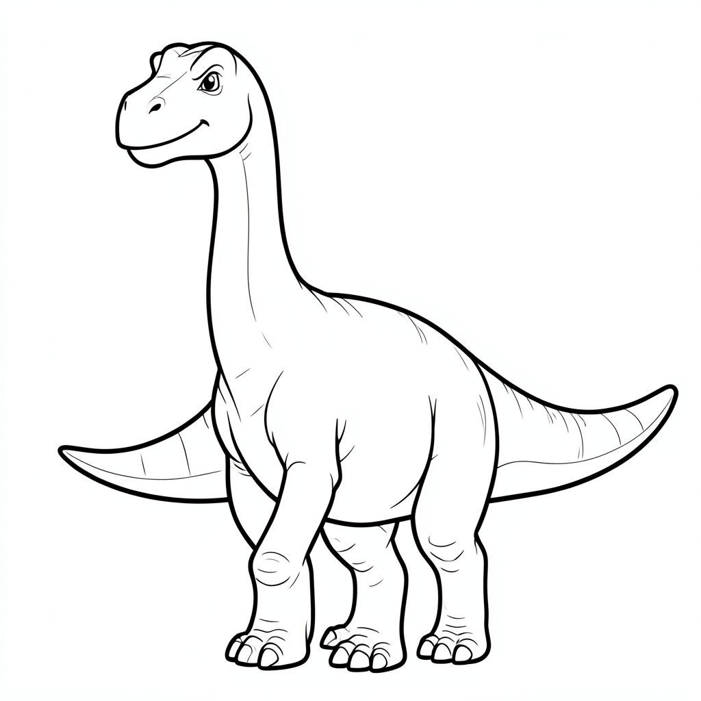 Một con khủng long Yunmenglong thân thiện, lấy cảm hứng từ lịch sử trong nghệ thuật đường nét cho một cuốn sách tô màu dành cho trẻ em. Thể hiện một con khủng long chân thằn lằn cổ dài khổng lồ với khuôn mặt hiền lành, đuôi dài, chân dày giống như cột trụ và kết cấu cơ thể tinh tế (như nếp gấp hoặc cơ) để thu hút thị giác. Biểu cảm thân thiện, không đáng sợ, đứng hoặc đi trong tư thế bình tĩnh. Chỉ nghệ thuật đường nét, không tô màu, không có nền, đường viền đậm và rõ ràng phù hợp để trẻ em dễ dàng tô màu.