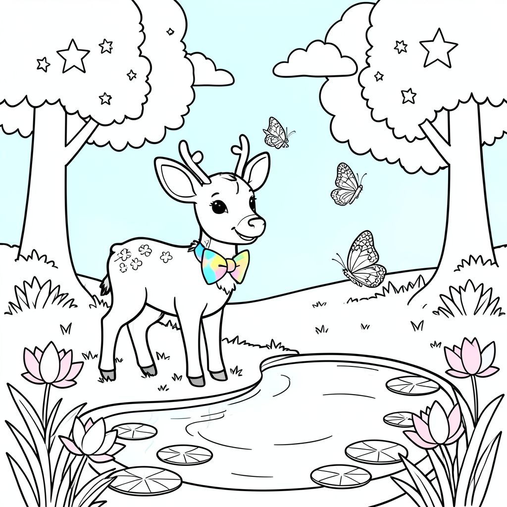 Một khu rừng vui vẻ, nơi một con hươu thân thiện đứng bên cạnh một cái ao nhỏ đầy nắng. Con hươu có khuôn mặt rộng, tươi cười và thắt nơ rực rỡ đầy màu sắc. Xung quanh ao, những bông hoa loa kèn nhỏ nổi và hoa loa kèn nảy mầm với sắc thái phấn. Một vài con bướm bay gần hươu, mỗi con có hoa văn riêng biệt mà trẻ em có thể tô vào. Ở hậu cảnh, những cây cao với những chiếc lá hình như những ngôi sao và những đám mây đơn giản lười biếng trôi trên bầu trời xanh tươi. Khung cảnh thanh bình này mời gọi trẻ em làm cho khu rừng trở nên sống động với màu sắc riêng của chúng.
