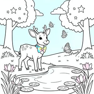 Một khu rừng vui vẻ, nơi một con hươu thân thiện đứng bên cạnh một cái ao nhỏ đầy nắng. Con hươu có khuôn mặt rộng, tươi cười và thắt nơ rực rỡ đầy màu sắc. Xung quanh ao, những bông hoa loa kèn nhỏ nổi và hoa loa kèn nảy mầm với sắc thái phấn. Một vài con bướm bay gần hươu, mỗi con có hoa văn riêng biệt mà trẻ em có thể tô vào. Ở hậu cảnh, những cây cao với những chiếc lá hình như những ngôi sao và những đám mây đơn giản lười biếng trôi trên bầu trời xanh tươi. Khung cảnh thanh bình này mời gọi trẻ em làm cho khu rừng trở nên sống động với màu sắc riêng của chúng.