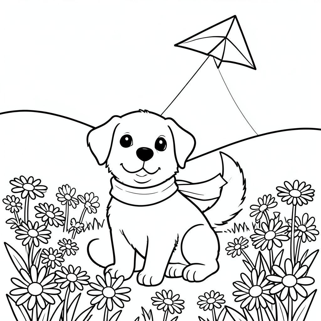 Một chú chó con thân thiện đeo khăn quàng cổ sáng màu ngồi trên đồng cỏ đầy hoa cúc, đuôi vẫy vẫy khi một con diều dễ thương bay cao trên một ngọn đồi thoai thoải. Khung cảnh đơn giản với hình khối to lớn, táo bạo, giúp trẻ dễ dàng tô màu và thưởng thức.