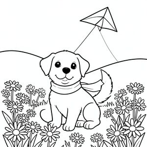 Một chú chó con thân thiện đeo khăn quàng cổ sáng màu ngồi trên đồng cỏ đầy hoa cúc, đuôi vẫy vẫy khi một con diều dễ thương bay cao trên một ngọn đồi thoai thoải. Khung cảnh đơn giản với hình khối to lớn, táo bạo, giúp trẻ dễ dàng tô màu và thưởng thức.
