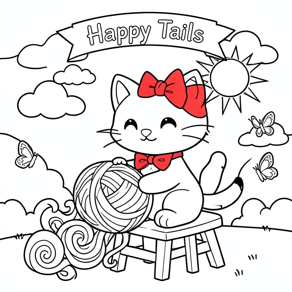 Một chú mèo thân thiện đeo một chiếc nơ màu đỏ tươi ngồi trên một chiếc ghế đẩu trong một công viên đầy nắng, cầm một quả bóng sợi lớn, mềm tràn ra thành những hình dạng xoáy. Xung quanh con mèo, một vài đám mây vui vẻ, một mặt trời đơn giản và một số con bướm bay lượn, tất cả đều được vẽ với những đường viền lớn, đơn giản để dễ dàng tô màu. Khung cảnh mang tính lễ hội, với một biểu ngữ tinh tế trên đầu có dòng chữ "Happy Tails" để thêm nét vui tươi.}