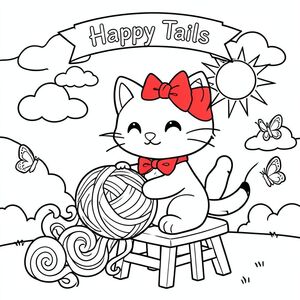 Một chú mèo thân thiện đeo một chiếc nơ màu đỏ tươi ngồi trên một chiếc ghế đẩu trong một công viên đầy nắng, cầm một quả bóng sợi lớn, mềm tràn ra thành những hình dạng xoáy. Xung quanh con mèo, một vài đám mây vui vẻ, một mặt trời đơn giản và một số con bướm bay lượn, tất cả đều được vẽ với những đường viền lớn, đơn giản để dễ dàng tô màu. Khung cảnh mang tính lễ hội, với một biểu ngữ tinh tế trên đầu có dòng chữ "Happy Tails" để thêm nét vui tươi.}
