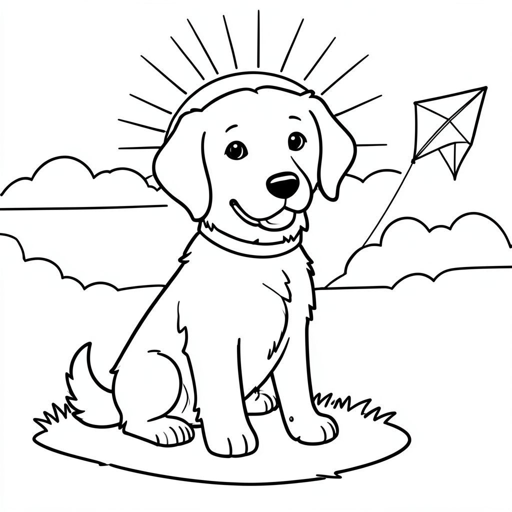 Một chú chó săn vàng vui vẻ đeo cổ áo xanh, ngồi trên một bãi cỏ với mặt trời đơn giản mọc sau một hàng mây, trong khi một con diều nhỏ, dễ thương bay sang một bên.