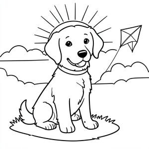 Một chú chó săn vàng vui vẻ đeo cổ áo xanh, ngồi trên một bãi cỏ với mặt trời đơn giản mọc sau một hàng mây, trong khi một con diều nhỏ, dễ thương bay sang một bên.