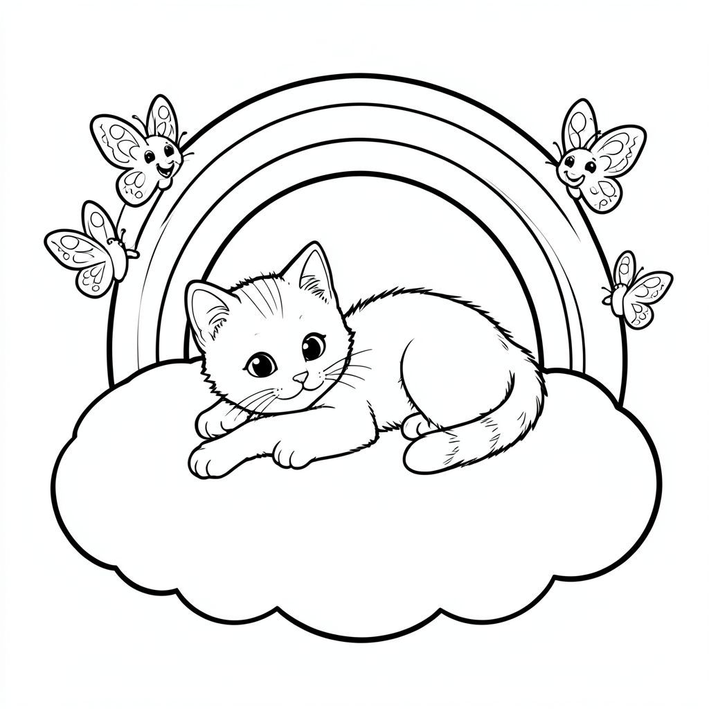 Một chú mèo con thân thiện nằm dài trên một đám mây mịn màng, với cầu vồng rực rỡ phía sau và một vài con bướm mỉm cười bay lượn xung quanh.