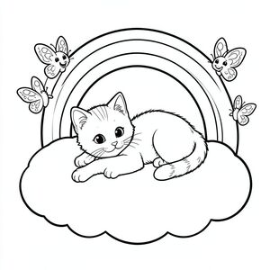 Một chú mèo con thân thiện nằm dài trên một đám mây mịn màng, với cầu vồng rực rỡ phía sau và một vài con bướm mỉm cười bay lượn xung quanh.