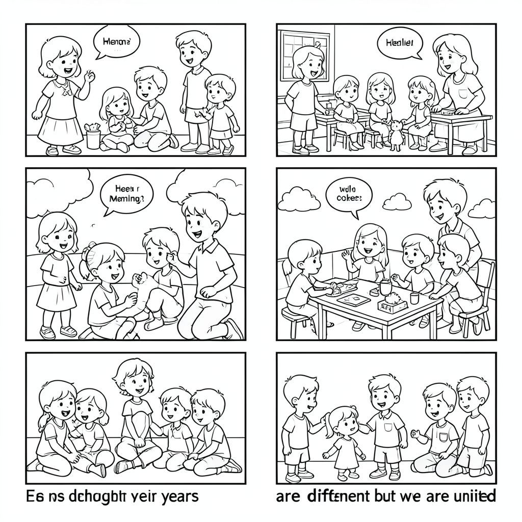 Lớp học của trẻ em tám tuổi, nam và nữ với giáo viên, 5 trang tô màu khác nhau với các tình huống như chào hỏi vào buổi sáng, chơi với nhau, tranh cãi với người khác, và ở bức tranh cuối cùng chúng ta khác nhau nhưng chúng ta đoàn kết