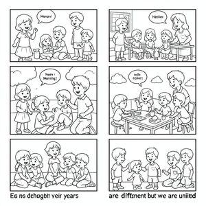 Lớp học của trẻ em tám tuổi, nam và nữ với giáo viên, 5 trang tô màu khác nhau với các tình huống như chào hỏi vào buổi sáng, chơi với nhau, tranh cãi với người khác, và ở bức tranh cuối cùng chúng ta khác nhau nhưng chúng ta đoàn kết