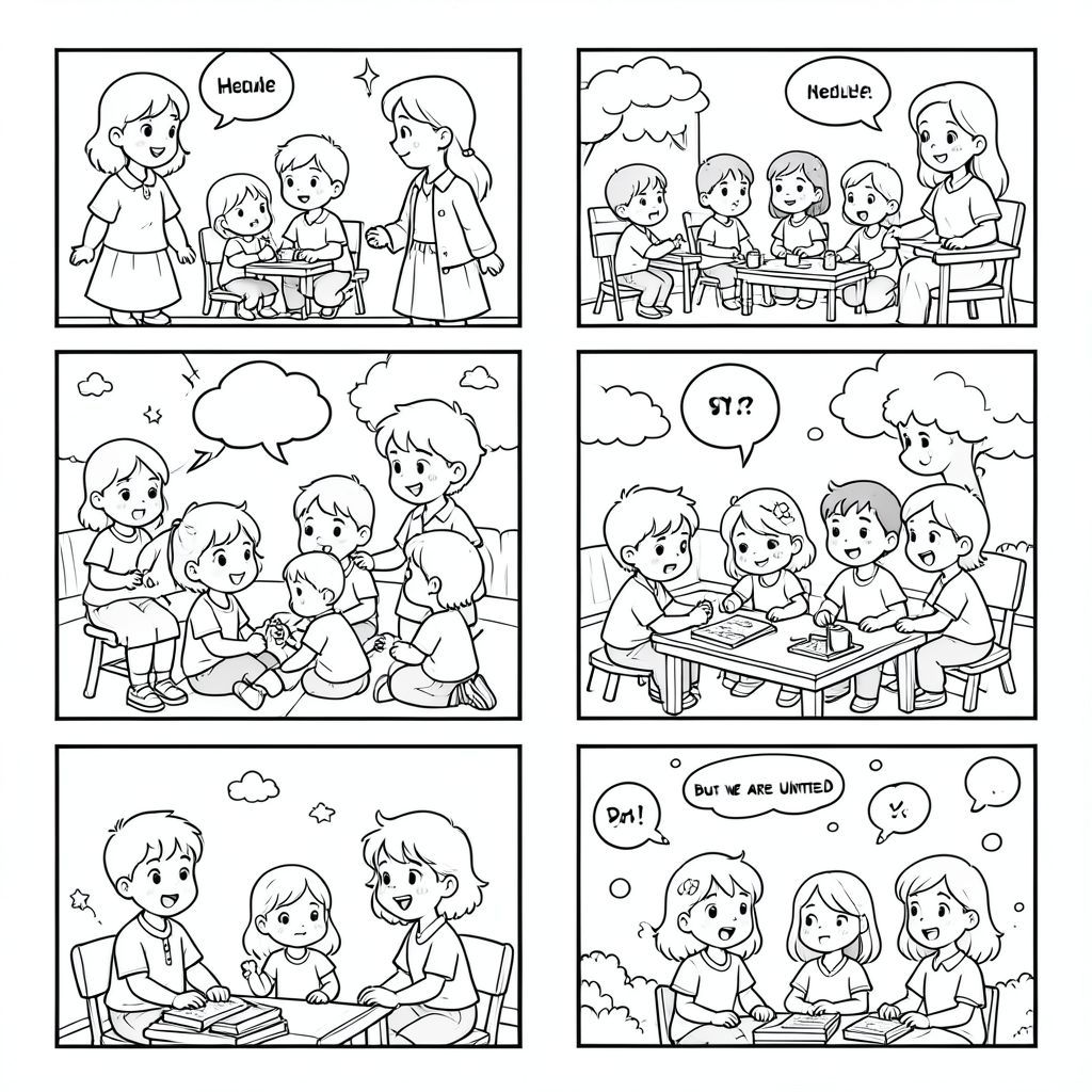 Lớp học của những đứa trẻ tám tuổi với giáo viên, 5 trang tô màu khác nhau với các tình huống như chào hỏi vào buổi sáng, chơi với nhau, tranh cãi với người khác, và ở bức tranh cuối chúng tôi khác nhau nhưng chúng tôi đoàn kết, bubles không có chữ cái, phong cách manga