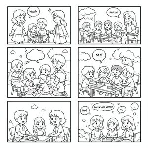 Lớp học của những đứa trẻ tám tuổi với giáo viên, 5 trang tô màu khác nhau với các tình huống như chào hỏi vào buổi sáng, chơi với nhau, tranh cãi với người khác, và ở bức tranh cuối chúng tôi khác nhau nhưng chúng tôi đoàn kết, bubles không có chữ cái, phong cách manga