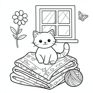 Một con mèo tinh nghịch ngồi trên một đống chăn đầy màu sắc, với một quả bóng sợi nhỏ bên cạnh và một cửa sổ đầy nắng phía trên, xung quanh là những bức vẽ đơn giản về một bông hoa và một con bướm.