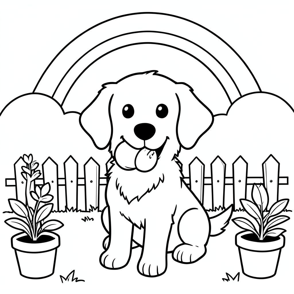 Một chú chó săn vàng hoạt hình thân thiện với nụ cười rạng rỡ, đôi tai mềm mại và cái đuôi vẫy vẫy, ngồi trong sân sau đầy nắng được bao quanh bởi chậu cây, hàng rào gỗ nhỏ và cầu vồng vòng cung trên đường chân trời. đang ngậm một quả bóng màu đỏ tươi trong miệng, sẵn sàng chơi. Các đường nét đơn giản, đậm để dễ dàng tô màu và hấp dẫn trẻ nhỏ.