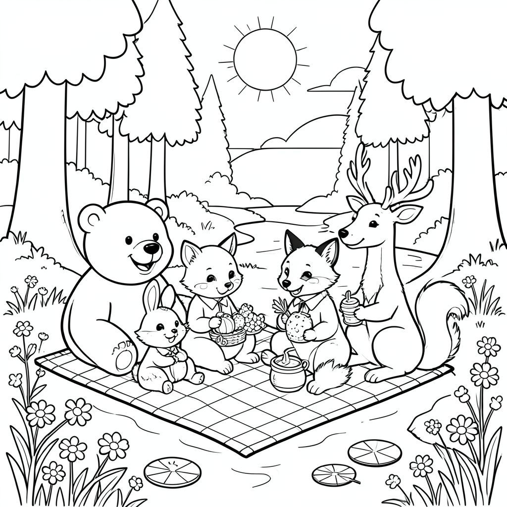 Một chuyến dã ngoại trong rừng thân thiện: một con gấu vui vẻ, một con thỏ tò mò, một con cáo thông minh, một con hươu hiền lành và một con sóc tinh nghịch ngồi trên một chiếc chăn chần bông bên dòng suối hiền hòa, được bao quanh bởi những cây cao, ánh nắng chói chang và những bông hoa dại rải rác. Mỗi con vật đang mỉm cười, cầm một món ăn nhẹ - trái cây, cà rốt, quả mọng và một nồi mật ong nhỏ - sẵn sàng chia sẻ với những người bạn trong rừng của chúng. Nền bao gồm những cây đơn giản, một ao hoa loa kèn và bầu trời hoàng hôn rộng lớn, thân thiện, hoàn hảo cho trẻ em tô màu với các sắc thái rực rỡ.}