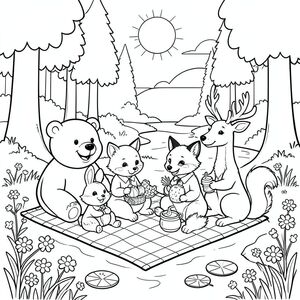 Một chuyến dã ngoại trong rừng thân thiện: một con gấu vui vẻ, một con thỏ tò mò, một con cáo thông minh, một con hươu hiền lành và một con sóc tinh nghịch ngồi trên một chiếc chăn chần bông bên dòng suối hiền hòa, được bao quanh bởi những cây cao, ánh nắng chói chang và những bông hoa dại rải rác. Mỗi con vật đang mỉm cười, cầm một món ăn nhẹ - trái cây, cà rốt, quả mọng và một nồi mật ong nhỏ - sẵn sàng chia sẻ với những người bạn trong rừng của chúng. Nền bao gồm những cây đơn giản, một ao hoa loa kèn và bầu trời hoàng hôn rộng lớn, thân thiện, hoàn hảo cho trẻ em tô màu với các sắc thái rực rỡ.}