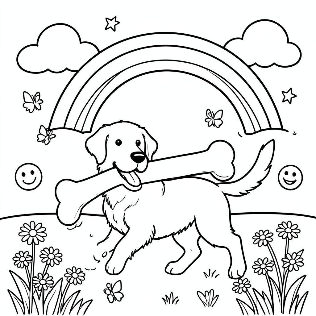 Một chú chó săn vàng vui vẻ chơi đùa trong một công viên đầy nắng, với bầu trời trong xanh, một vài đám mây mịn, một cầu vồng đơn giản vòm trên đầu, một chiếc xương lớn, quá khổ trong miệng và cỏ rải rác hoa cúc và bướm — tất cả đều được vẽ bằng những đường đậm, không phức tạp mà trẻ em có thể dễ dàng tô màu. Đuôi của đang vẫy vẫy, và một vài hình dạng kỳ quặc, thân thiện với trẻ em (như khuôn mặt cười và ngôi sao) nằm rải rác xung quanh khung cảnh để tăng thêm nét hay thay đổi. Các yếu tố phong cách hình que được đơn giản hóa giúp thiết kế dễ dàng và hấp dẫn đối với các chuyên gia màu trẻ. Bố cục tổng thể để lại nhiều không gian cho sự sáng tạo vẽ tay trong khi vẫn duy trì cấu trúc rõ ràng, dễ dàng.}