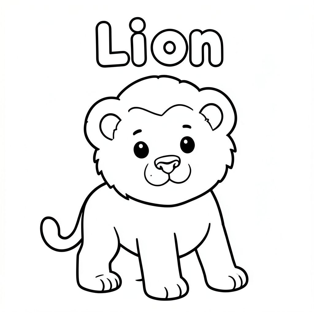 Tranh tô màu đen trắng cho trẻ em, từ "Sư tử" được viết ở trên cùng bằng các chữ cái bong bóng chữ hoa đậm, ở giữa, bên dưới là một Sư tử con dễ thương, đường viền dày đậm sạch sẽ, hình dạng đơn giản, không gian tô màu mở lớn, không đổ bóng, không xám, không màu, nền trắng, bố cục trung tâm, trang 8,5x11 inch có thể in được, nghệ thuật đường nét phong cách sách tô màu