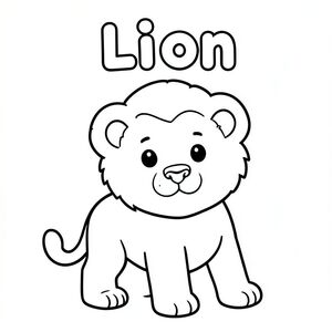 Tranh tô màu đen trắng cho trẻ em, từ "Sư tử" được viết ở trên cùng bằng các chữ cái bong bóng chữ hoa đậm, ở giữa, bên dưới là một Sư tử con dễ thương, đường viền dày đậm sạch sẽ, hình dạng đơn giản, không gian tô màu mở lớn, không đổ bóng, không xám, không màu, nền trắng, bố cục trung tâm, trang 8,5x11 inch có thể in được, nghệ thuật đường nét phong cách sách tô màu