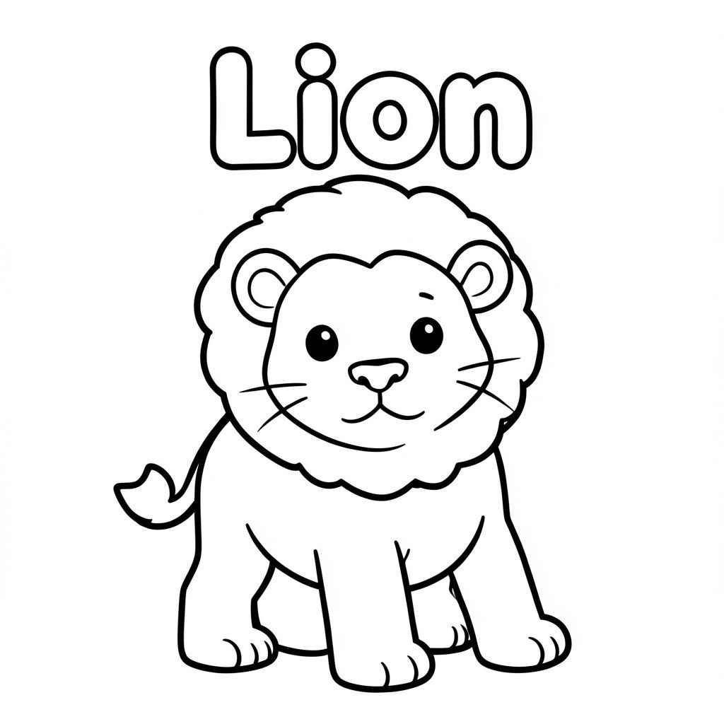 Tranh tô màu đen trắng cho trẻ em, từ "Sư tử" được viết ở trên cùng bằng các chữ cái bong bóng chữ hoa đậm, ở giữa, bên dưới là một con sư tử dễ thương, đường viền dày đậm sạch sẽ, hình dạng đơn giản, không gian tô màu mở lớn, không đổ bóng, không xám, không màu, nền trắng, bố cục trung tâm, trang 8,5x11 inch có thể in được, nghệ thuật đường nét phong cách sách tô màu