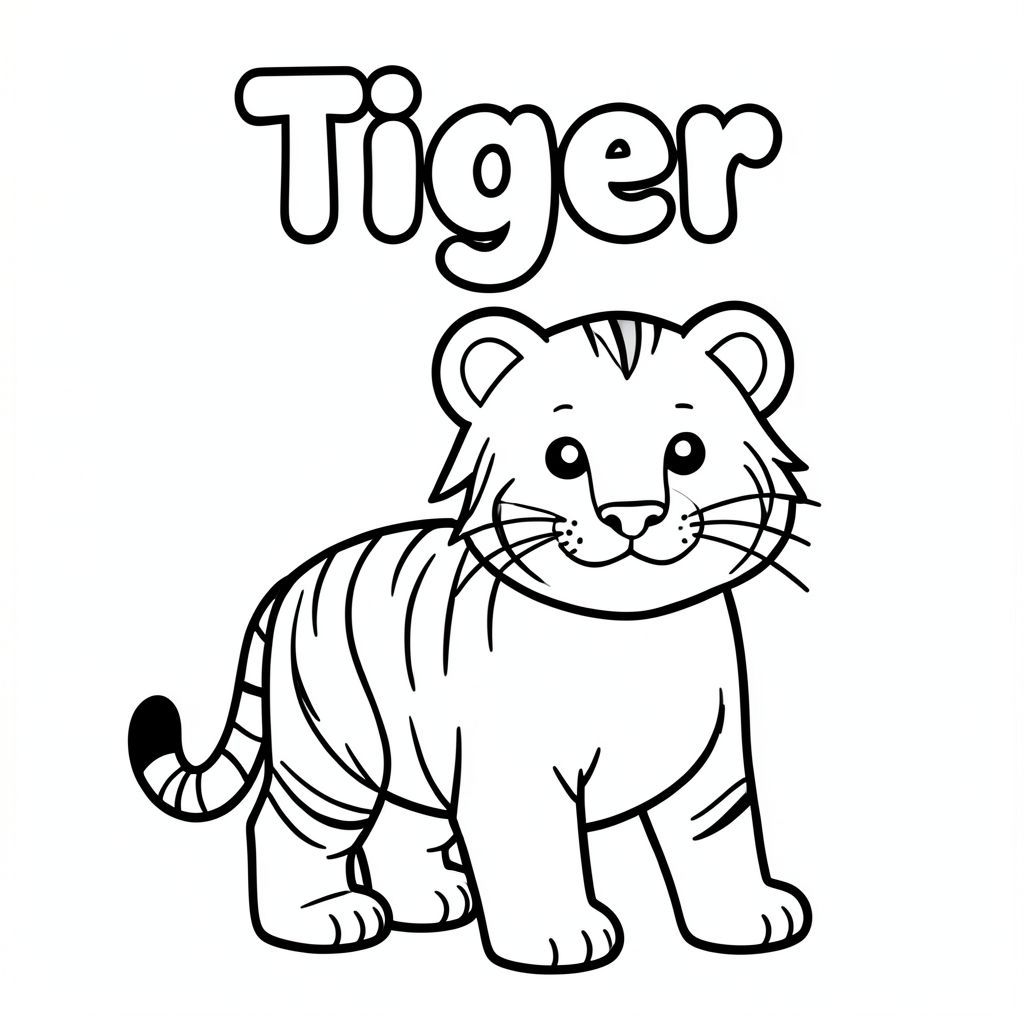 Tranh tô màu đen trắng cho trẻ em, từ "Hổ" được viết ở trên cùng bằng các chữ cái bong bóng chữ hoa đậm, ở giữa, bên dưới là một con hổ dễ thương, đường viền rõ ràng đậm dày, hình dạng đơn giản, không gian tô màu mở lớn, không đổ bóng, không xám, không màu, nền trắng, bố cục ở giữa, trang 8,5x11 inch có thể in được, nghệ thuật đường nét phong cách sách tô màu