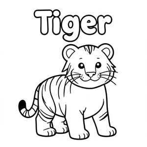 Tranh tô màu đen trắng cho trẻ em, từ "Hổ" được viết ở trên cùng bằng các chữ cái bong bóng chữ hoa đậm, ở giữa, bên dưới là một con hổ dễ thương, đường viền rõ ràng đậm dày, hình dạng đơn giản, không gian tô màu mở lớn, không đổ bóng, không xám, không màu, nền trắng, bố cục ở giữa, trang 8,5x11 inch có thể in được, nghệ thuật đường nét phong cách sách tô màu