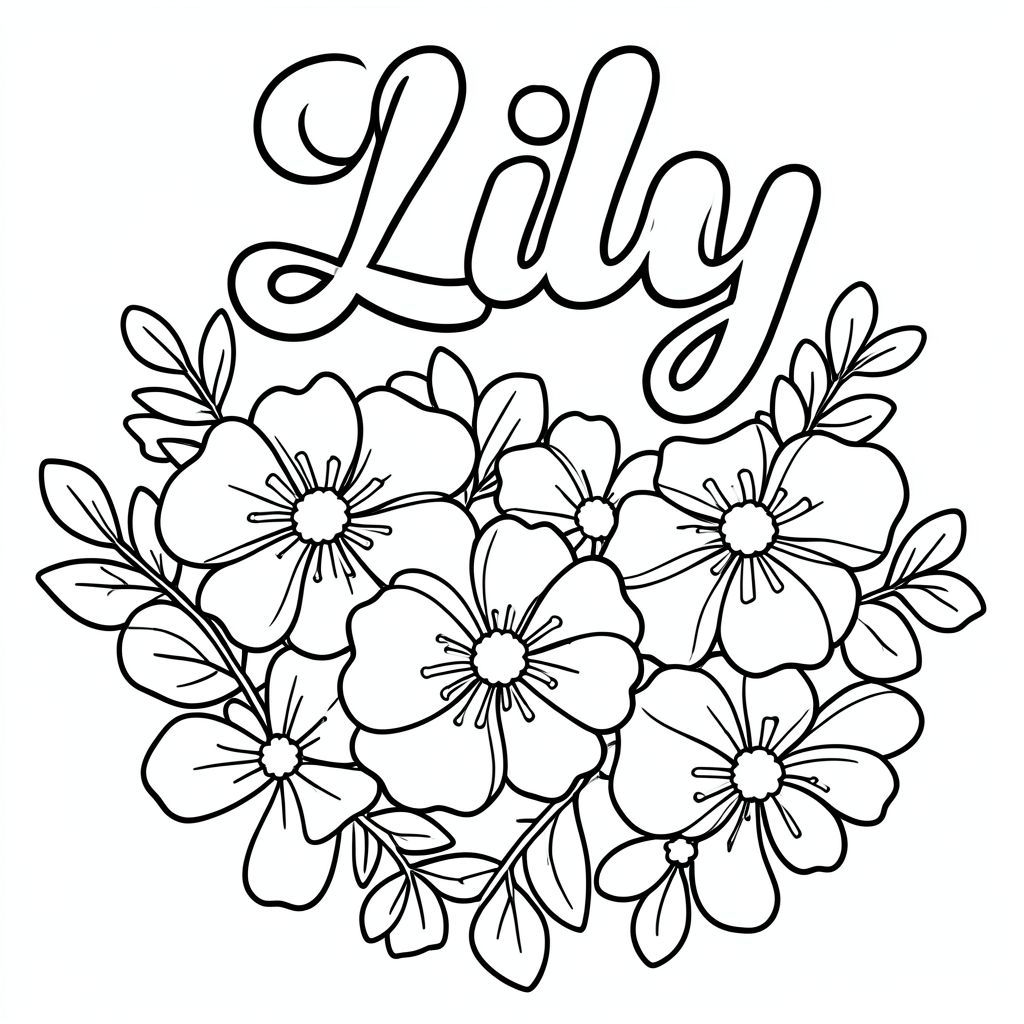 Một bức tranh hoa theo chủ đề nữ tính với Tên Lily bằng các chữ cái bong bóng chữ thảo Lisa theo phong cách thẳng thắn 