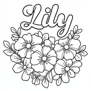 Một bức tranh hoa theo chủ đề nữ tính với Tên Lily bằng các chữ cái bong bóng chữ thảo Lisa theo phong cách thẳng thắn 