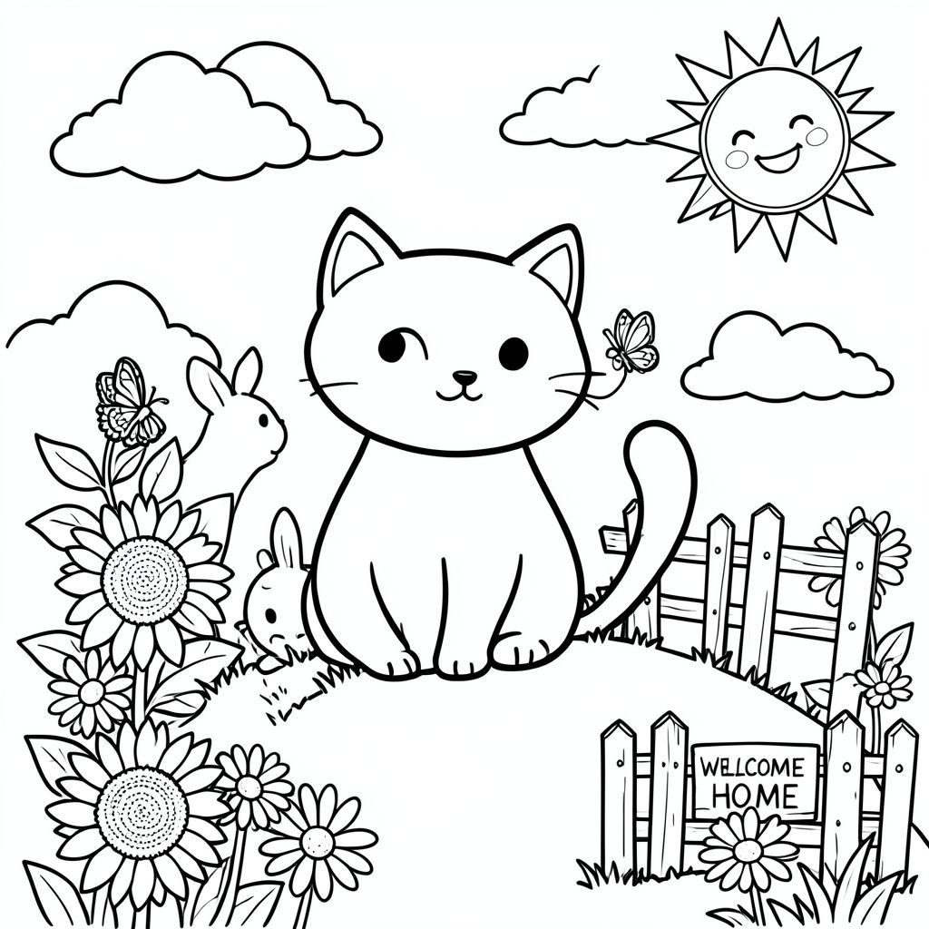 Một chú mèo ngọt ngào ngồi trên đồi cỏ, xung quanh là hoa hướng dương và hoa cúc nở rộ. Đuôi mèo cuộn tròn quanh một con bướm nhỏ, và một mặt trời đơn giản với khuôn mặt tươi cười vẫy tay trong góc. Nền chứa một vài đám mây mịn, một chú thỏ nhỏ ẩn nhìn từ phía sau một bông hoa và một hàng rào kỳ lạ với tấm biển ghi "Chào mừng về nhà". Tất cả các yếu tố được vẽ với đường viền đậm và không gian rộng để dễ dàng tô màu, giữ cho thiết kế đơn giản và hấp dẫn cho trẻ em. 