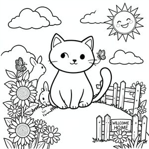 Một chú mèo ngọt ngào ngồi trên đồi cỏ, xung quanh là hoa hướng dương và hoa cúc nở rộ. Đuôi mèo cuộn tròn quanh một con bướm nhỏ, và một mặt trời đơn giản với khuôn mặt tươi cười vẫy tay trong góc. Nền chứa một vài đám mây mịn, một chú thỏ nhỏ ẩn nhìn từ phía sau một bông hoa và một hàng rào kỳ lạ với tấm biển ghi "Chào mừng về nhà". Tất cả các yếu tố được vẽ với đường viền đậm và không gian rộng để dễ dàng tô màu, giữ cho thiết kế đơn giản và hấp dẫn cho trẻ em. 