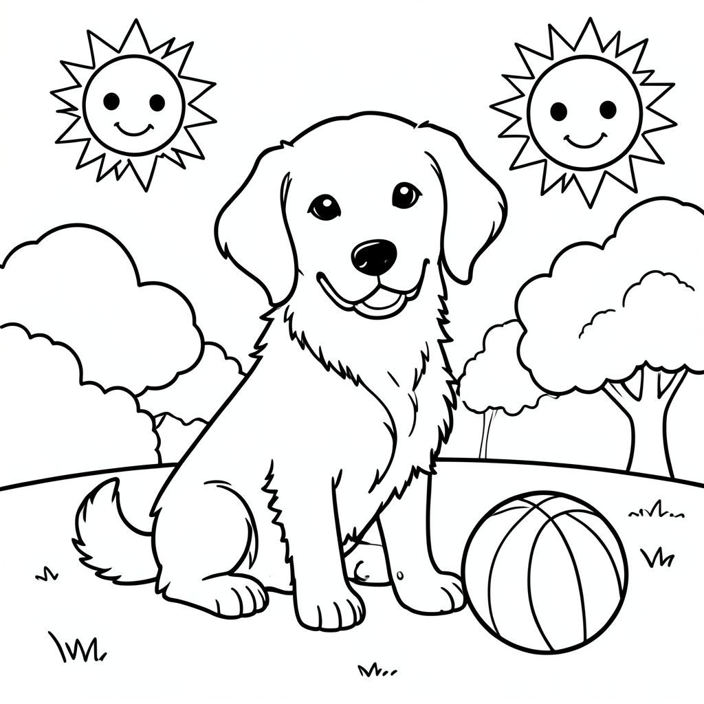 Một chú chó săn vàng vui vẻ ngồi trong một công viên đầy nắng, một quả bóng đầy màu sắc bên cạnh, với một mặt trời lớn, mỉm cười ở góc và một vài hình đám mây mịn màng ở hậu cảnh