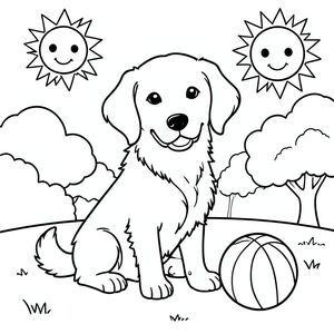 Một chú chó săn vàng vui vẻ ngồi trong một công viên đầy nắng, một quả bóng đầy màu sắc bên cạnh, với một mặt trời lớn, mỉm cười ở góc và một vài hình đám mây mịn màng ở hậu cảnh