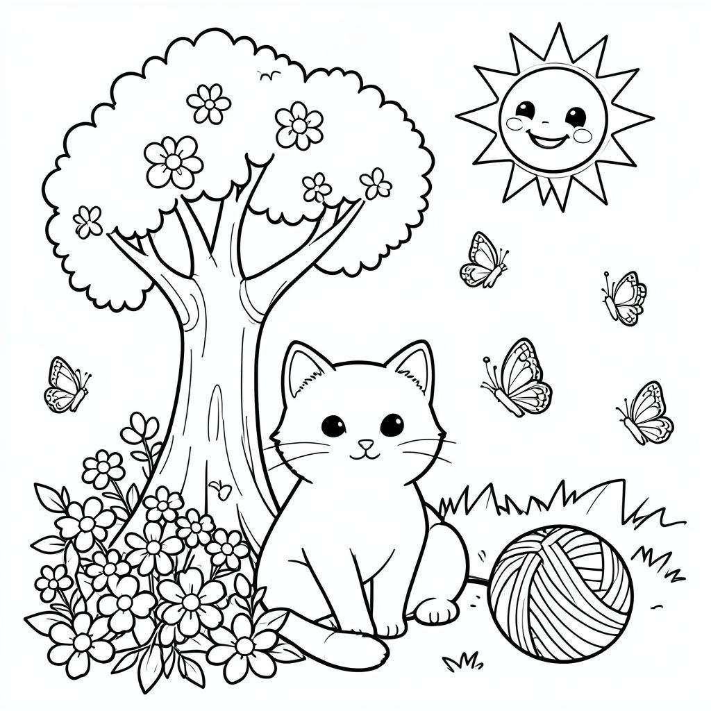 Một chú mèo thân thiện ngồi dưới gốc cây, được bao quanh bởi những bông hoa nở rộ và những con bướm bay lượn, với mặt trời tươi cười trên bầu trời và một quả bóng sợi nhỏ, vui tươi bên cạnh.
