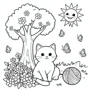 Một chú mèo thân thiện ngồi dưới gốc cây, được bao quanh bởi những bông hoa nở rộ và những con bướm bay lượn, với mặt trời tươi cười trên bầu trời và một quả bóng sợi nhỏ, vui tươi bên cạnh.