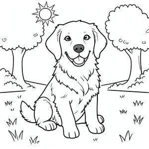 Một chú chó săn vàng vui vẻ ngồi trong công viên đầy nắng