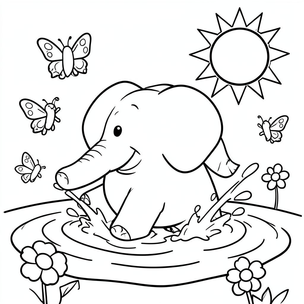Một con voi đang mỉm cười tung tóe trong vũng nước, được bao quanh bởi những con bướm thân thiện và ánh nắng mặt trời. Khung cảnh bao gồm các hình dạng đơn giản như mặt trời tròn lớn, sóng nhẹ nhàng và một vài bông hoa, giúp trẻ dễ dàng tô màu.