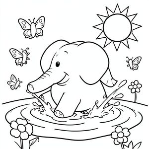 Một con voi đang mỉm cười tung tóe trong vũng nước, được bao quanh bởi những con bướm thân thiện và ánh nắng mặt trời. Khung cảnh bao gồm các hình dạng đơn giản như mặt trời tròn lớn, sóng nhẹ nhàng và một vài bông hoa, giúp trẻ dễ dàng tô màu.