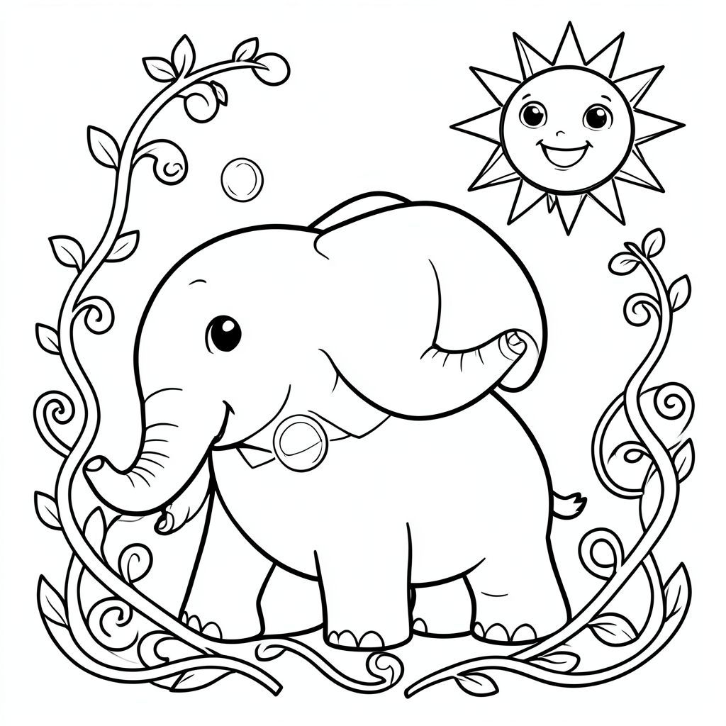 Một con voi thân thiện thổi bong bóng, được bao quanh bởi dây leo vòng tròn và mặt trời mỉm cười ở hậu cảnh.
