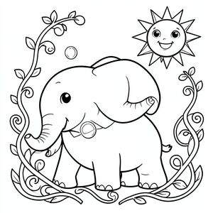 Một con voi thân thiện thổi bong bóng, được bao quanh bởi dây leo vòng tròn và mặt trời mỉm cười ở hậu cảnh.
