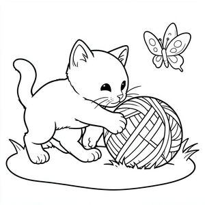 Một chú mèo con tinh nghịch đang cào vào một quả bóng sợi đơn giản, sáng sủa nằm trên một bãi cỏ, với một vài con bướm hoạt hình bay gần đó. 