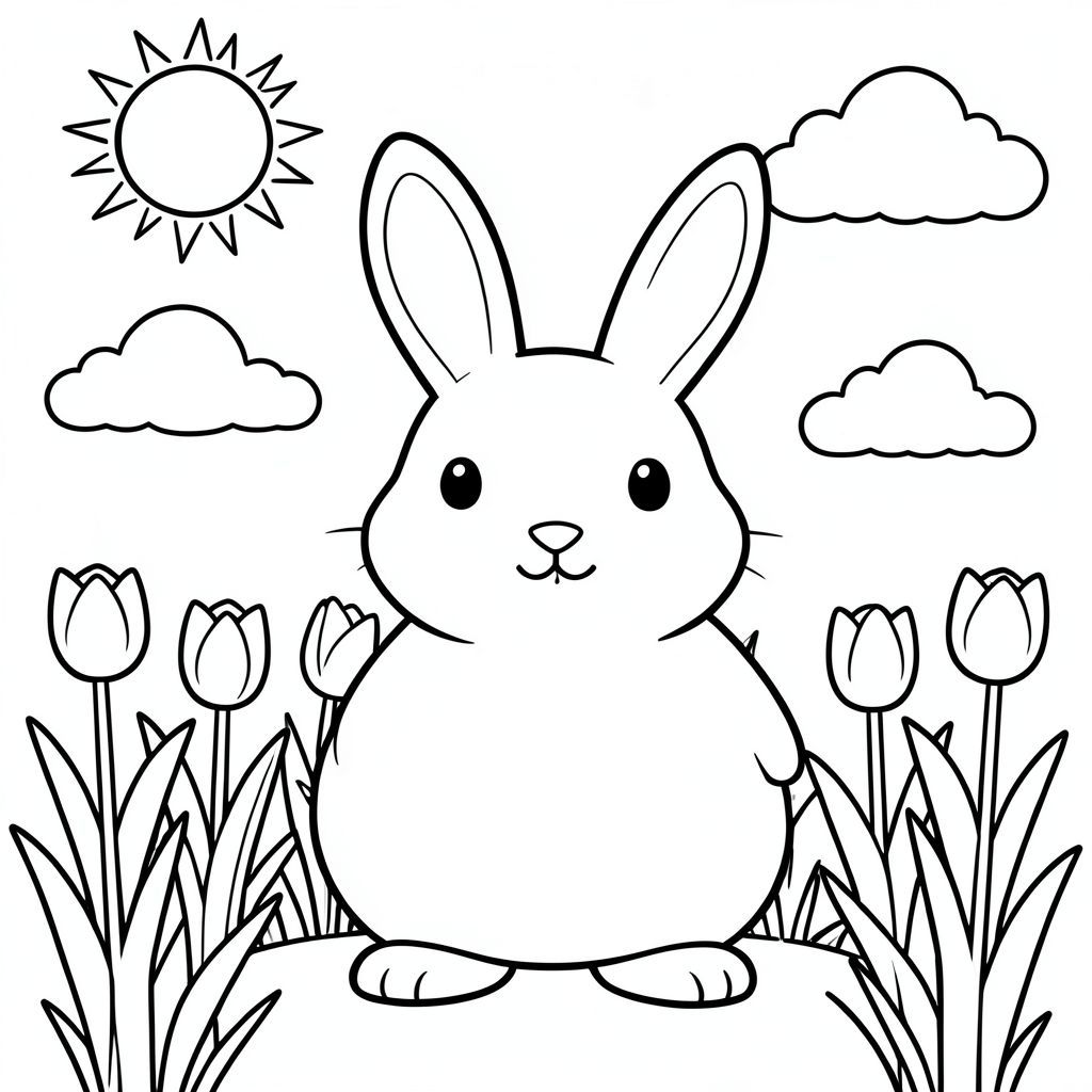 Một chú thỏ to lớn, thân thiện với thân hình tròn trịa và đôi tai dài đứng trên đồng cỏ đầy nắng đầy hoa tulip cao. Một mặt trời đơn giản, rực rỡ nằm ở góc trên cùng, và một vài đám mây mịn trôi trên bầu trời. Đường viền dày và rõ ràng, có không gian mở bên trong chú thỏ và những bông hoa để trẻ em dễ dàng tô màu. Không có chi tiết phức tạp, chỉ có hình dạng táo bạo và bầu không khí vui vẻ cho một hoạt động tô màu vui nhộn.