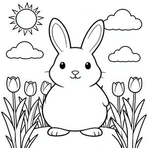 Một chú thỏ to lớn, thân thiện với thân hình tròn trịa và đôi tai dài đứng trên đồng cỏ đầy nắng đầy hoa tulip cao. Một mặt trời đơn giản, rực rỡ nằm ở góc trên cùng, và một vài đám mây mịn trôi trên bầu trời. Đường viền dày và rõ ràng, có không gian mở bên trong chú thỏ và những bông hoa để trẻ em dễ dàng tô màu. Không có chi tiết phức tạp, chỉ có hình dạng táo bạo và bầu không khí vui vẻ cho một hoạt động tô màu vui nhộn.