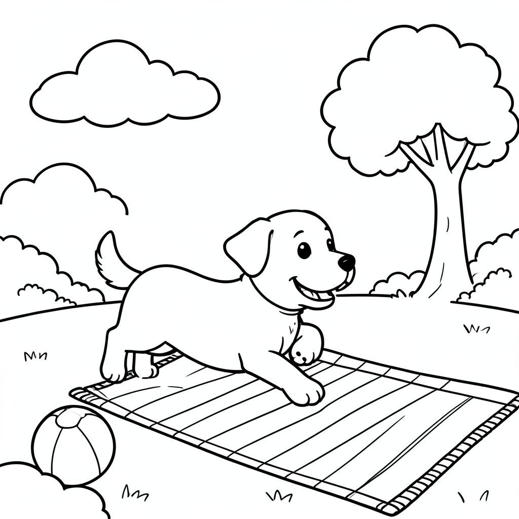 Một chú chó con vui vẻ vui vẻ đuổi theo một quả bóng đang mỉm cười trong một công viên sáng sủa, với một chiếc chăn dã ngoại, một vài đám mây mịn màng và một cái cây đơn giản ở hậu cảnh — được phác thảo rõ ràng để trẻ em dễ dàng tô màu.