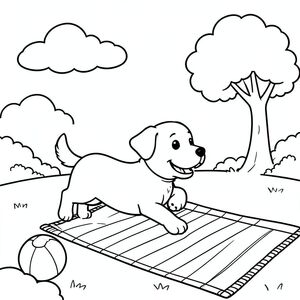 Một chú chó con vui vẻ vui vẻ đuổi theo một quả bóng đang mỉm cười trong một công viên sáng sủa, với một chiếc chăn dã ngoại, một vài đám mây mịn màng và một cái cây đơn giản ở hậu cảnh — được phác thảo rõ ràng để trẻ em dễ dàng tô màu.