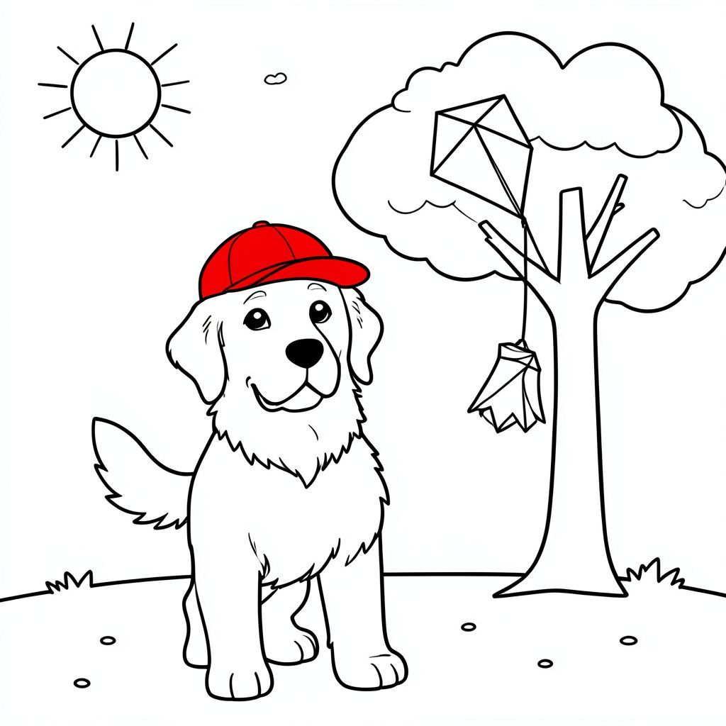 Một chú chó săn vàng thân thiện đội mũ bóng chày màu đỏ tươi, đứng trước một cái cây đơn giản, cách điệu với một con diều nhỏ treo trên cành cây. có đôi mắt to, hiền lành và cái đuôi vẫy vẫy, trong khi con diều táo bạo và đầy màu sắc với một vài đám mây trên bầu trời. Nền là tối thiểu, với ánh nắng mặt trời ở góc và một vài chấm để gợi ý một đồng cỏ xanh.