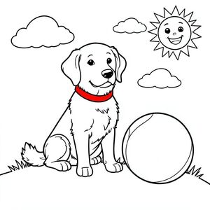 Một chú chó săn vàng thân thiện đeo cổ áo màu đỏ tươi, ngồi trên một ngọn đồi cỏ với một quả bóng lớn màu xanh bên cạnh. Một mặt trời thân thiện mỉm cười ở góc trên cùng bên phải và một vài đám mây mịn trôi qua. Các đường viền đơn giản với không gian rộng rãi để tô màu khiến nó trở nên lý tưởng cho các nghệ sĩ trẻ. 