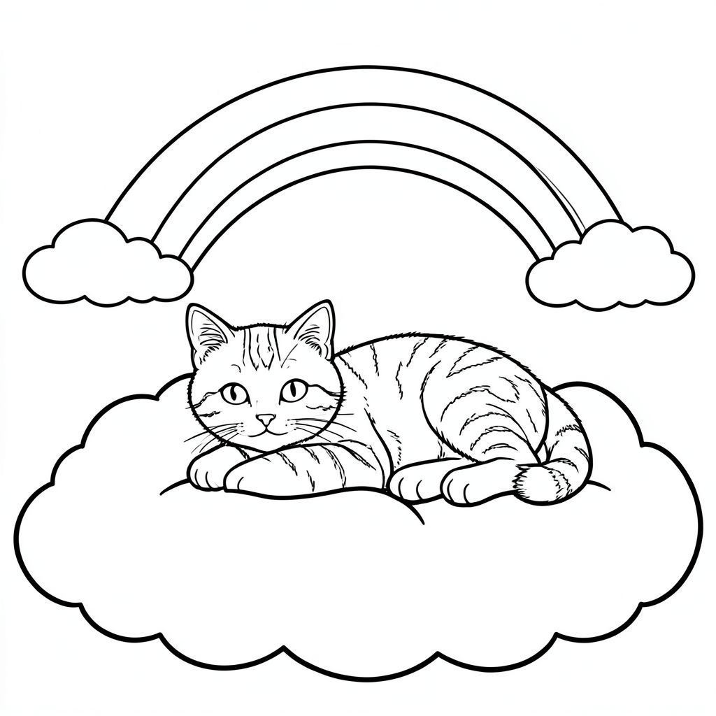 Một chú mèo mướp hiền lành nằm trên một đống mây mịn màng với cầu vồng cong trên bầu trời.