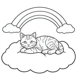 Một chú mèo mướp hiền lành nằm trên một đống mây mịn màng với cầu vồng cong trên bầu trời.