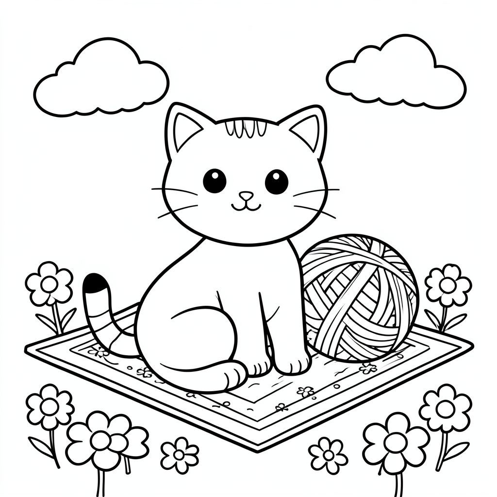Một chú mèo thân thiện ngồi trên một tấm thảm đầy màu sắc với một quả bóng sợi lớn, thân thiện, được bao quanh bởi những bông hoa và những đám mây đơn giản.