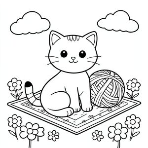 Một chú mèo thân thiện ngồi trên một tấm thảm đầy màu sắc với một quả bóng sợi lớn, thân thiện, được bao quanh bởi những bông hoa và những đám mây đơn giản.